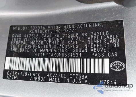 2021 Toyota Camry Xle z USA, uszkodzony, nr VIN 4T1F11AK0MU564531